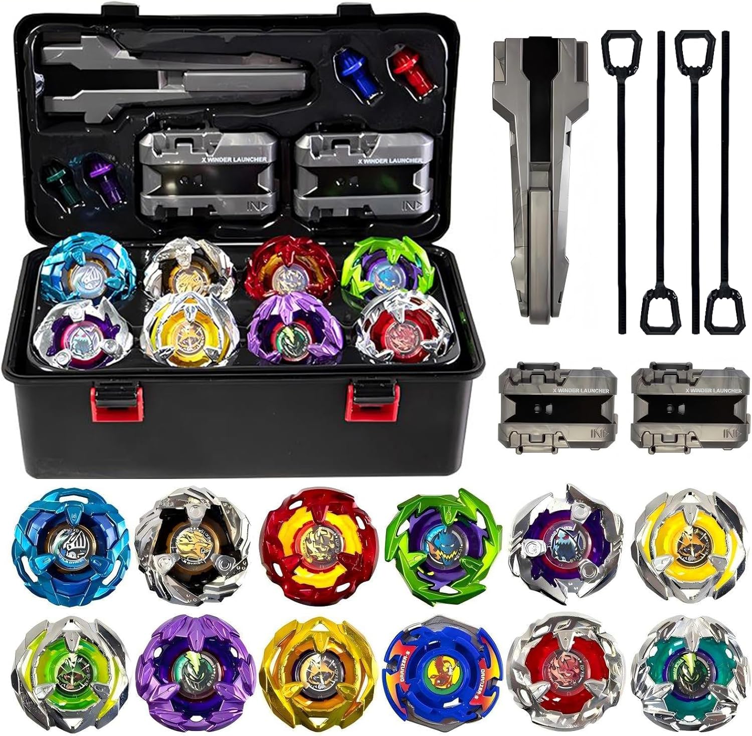 Hopture Battle Spinning Top Set front view with 12 colorful tops