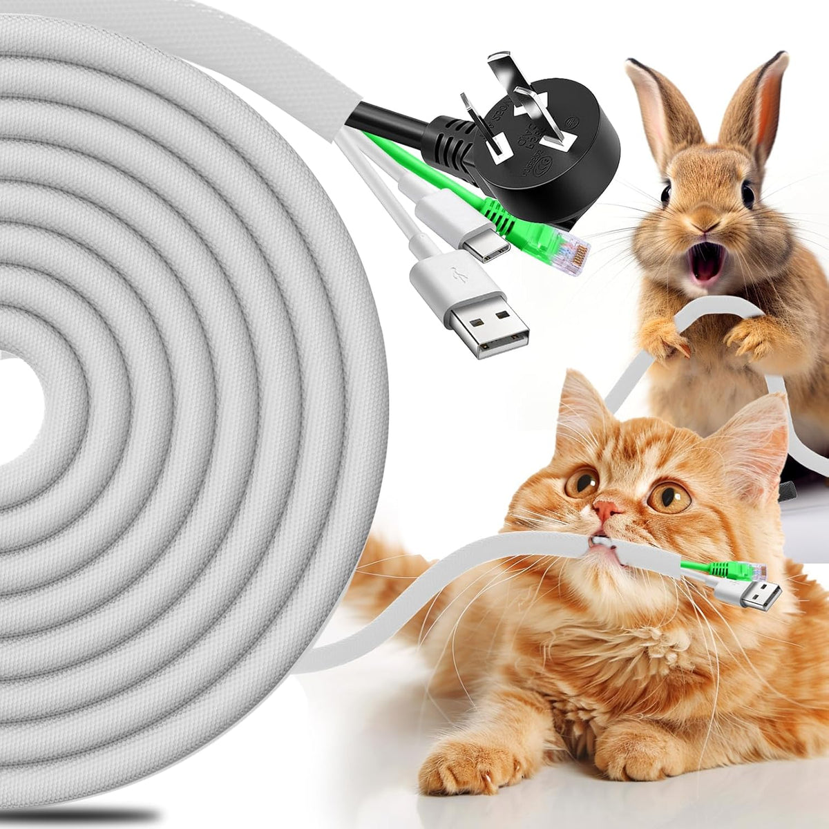 AIERSA Cord Protectors from Pets front view of white braided wire sleeve shielding power cables