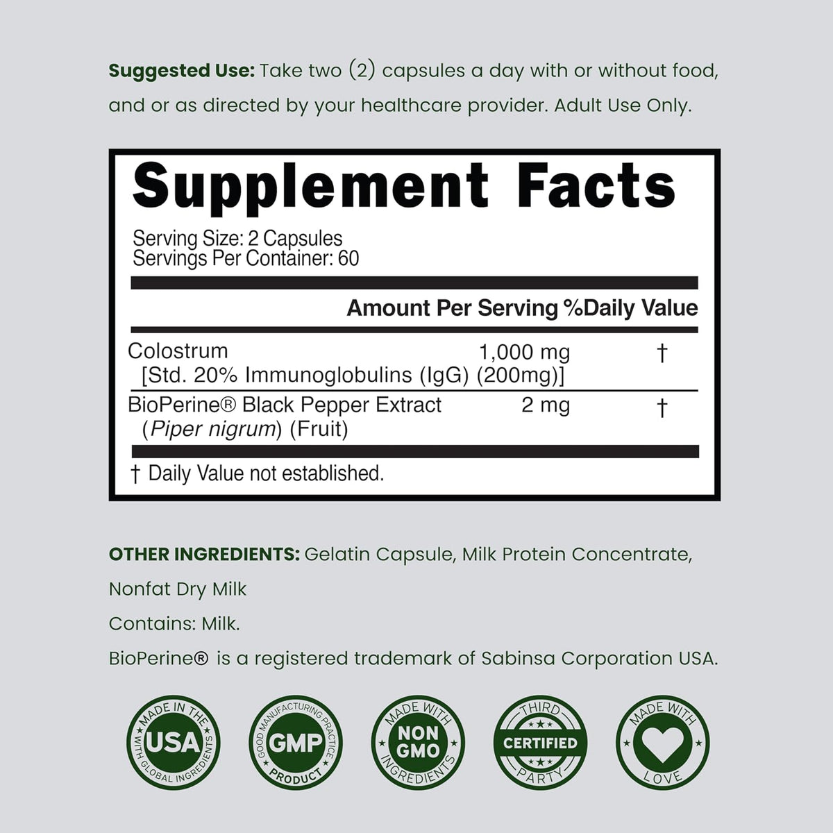 Grass fed bovine colostrum supplement packaging