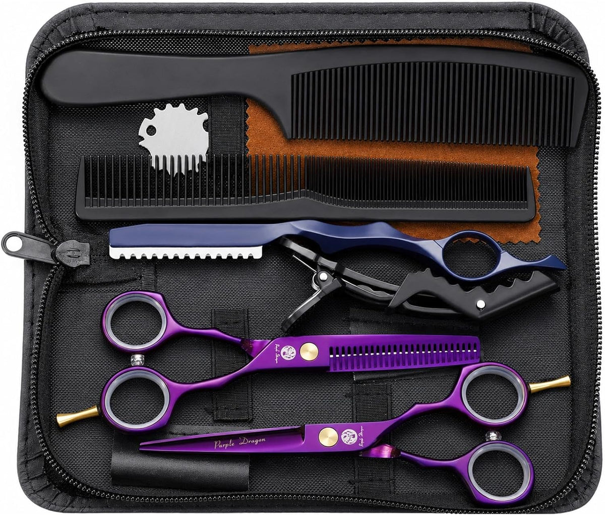 Purple Dragon 5.5 inch hair cutting scissors set front view