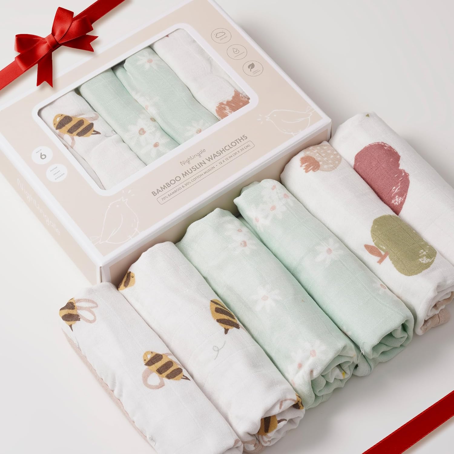 Nightingale bamboo muslin baby washcloths 6 pack set