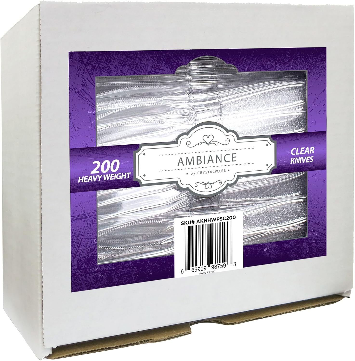 Crystalware heavy weight disposable plastic knives 200 count front view.