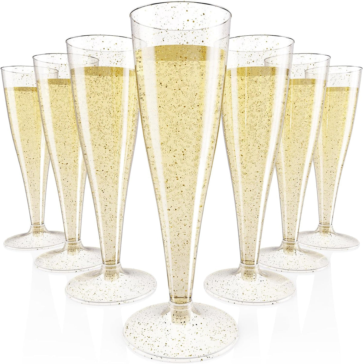 JOLLY CHEF 100 Pack Plastic Champagne Flutes front view for wedding parties.
