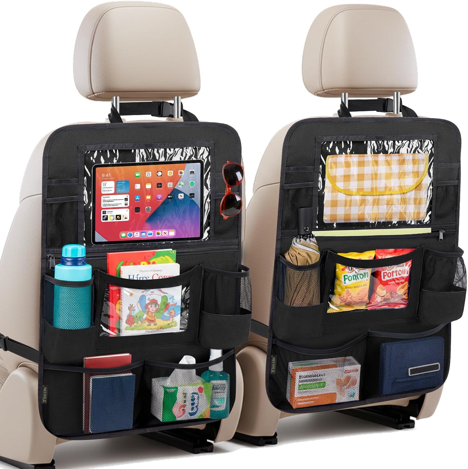 BALEINE Backseat Car Organizer front view showing multiple pockets and tablet holder installed in a vehicle