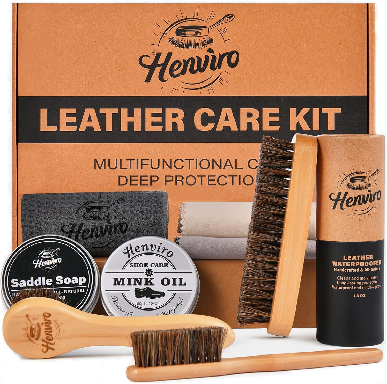 CUTEUP Leather Boot Care Kit - 9 PCS Saddle Soap, Mink Oil, Waterproofing Wax, Shoe Brushes,and More for leather - Image 1