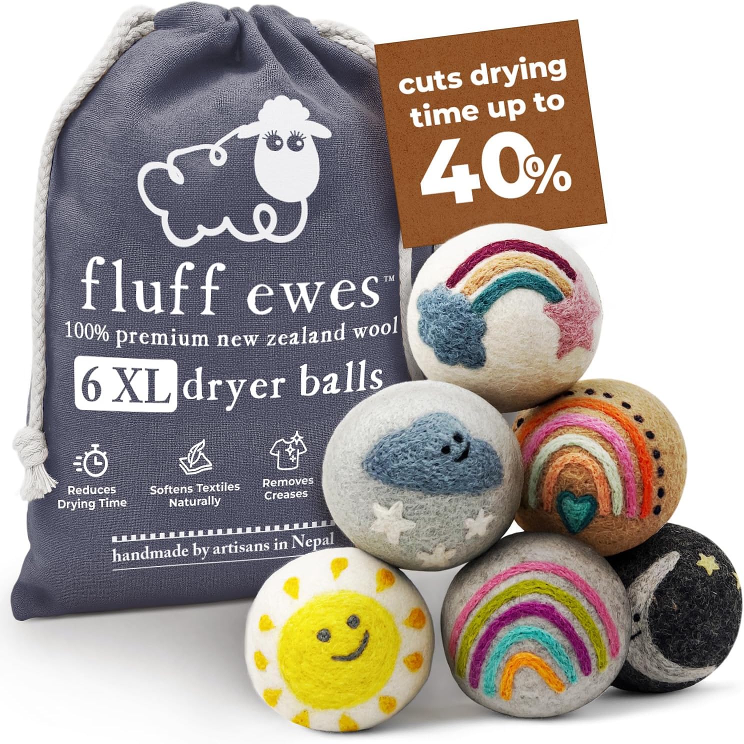 Hustle & Blush Fluff Ewes Wool Dryer Balls 6 Pack - XL Rainbow or Shine Premium New Zealand Laundry Set, Reduces Drying Time, Static Control, Chemical Free, Ideal Holiday Gifts for Women & Men - Image 1