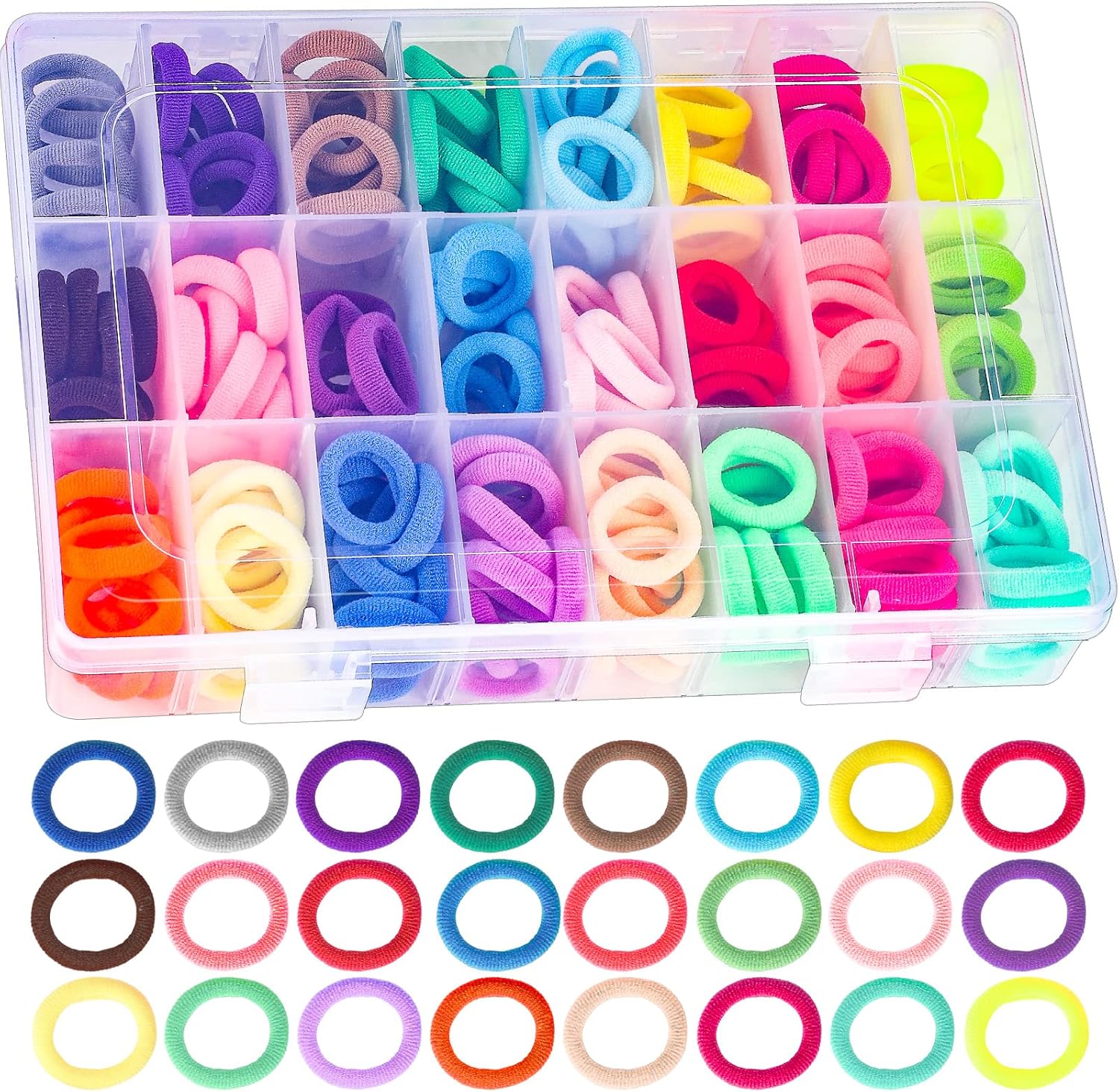 Pengxiaomei 200 piece toddler hair ties with organizer box front view