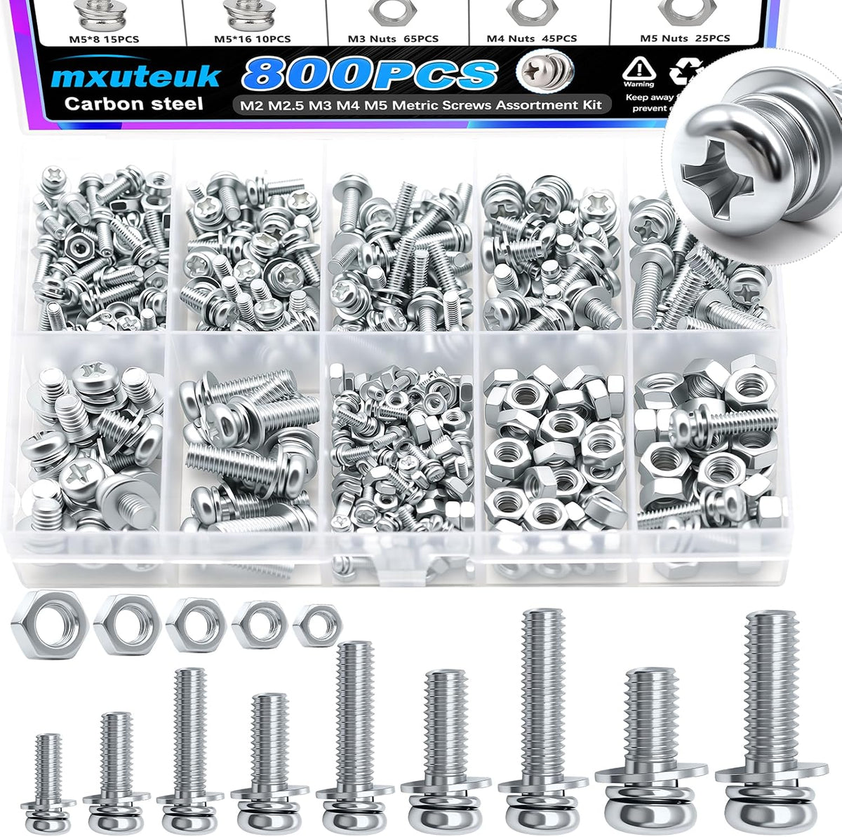 mxuteuk M2 Screws Assortment,M2 x 4/6/8/10/12/16/20mm Hex Socket Head Cap Screws Bolts Nuts Kit, 520PCS 12.9 Grade Alloy Steel Assorted Screws Small Metric Screws Suitable for 3D Printer DIY - Image 14
