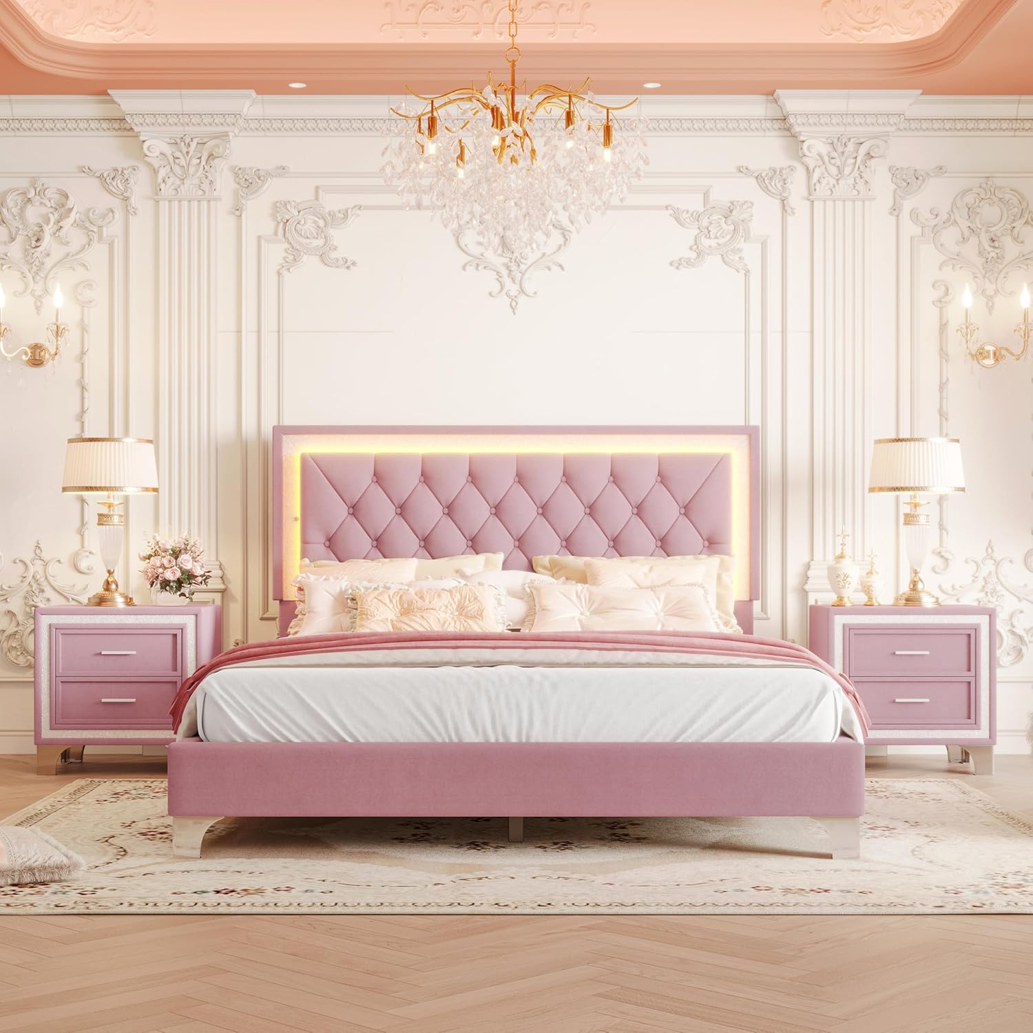 Flieks three piece pink bedroom furniture set showing front view of upholstered queen bed with illuminated LED headboard and two nightstands