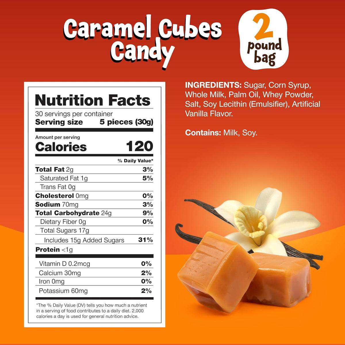 Chewy vanilla caramel cubes bulk pack close up view