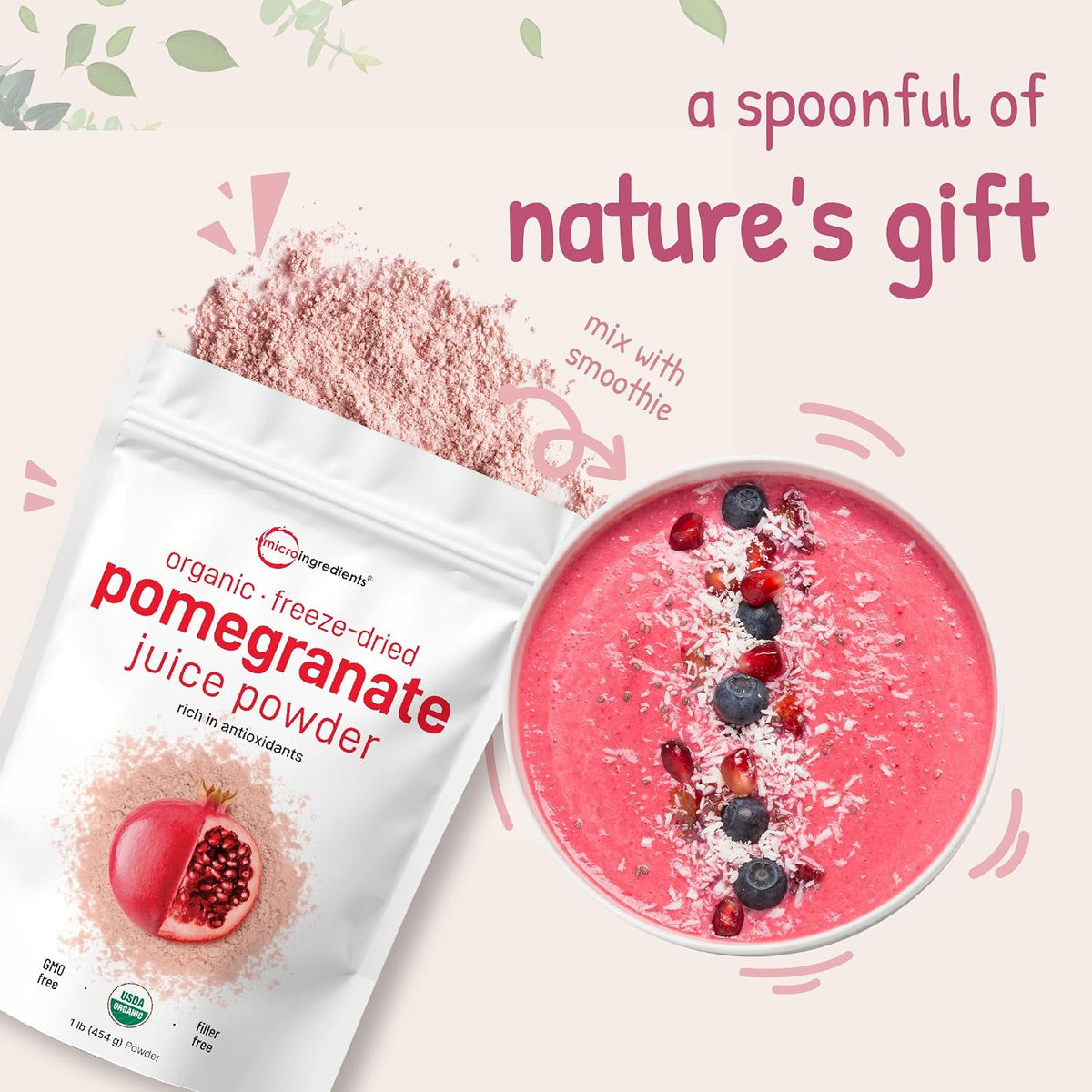 Pomegranate juice powder mixed into a healthy green smoothie