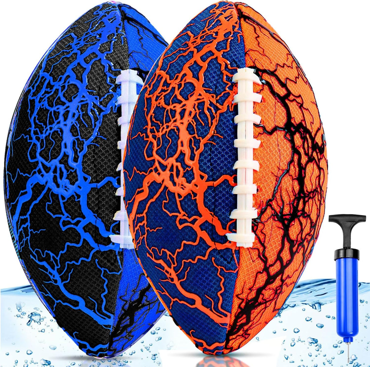Jasonwell Pool Beach Water Football 2 Pack front view showcasing the orange and blue waterproof sports balls with a manual pump.
