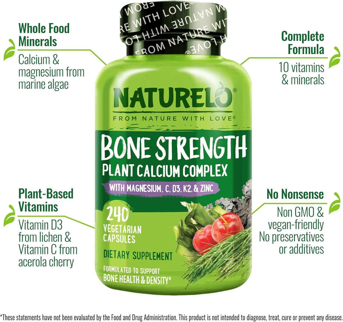 NATURELO Bone Strength 240 vegetarian capsules bottle label details