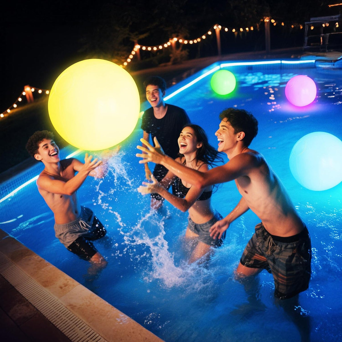 Kiralumi light up beach ball front view glowing in a swimming pool at night.