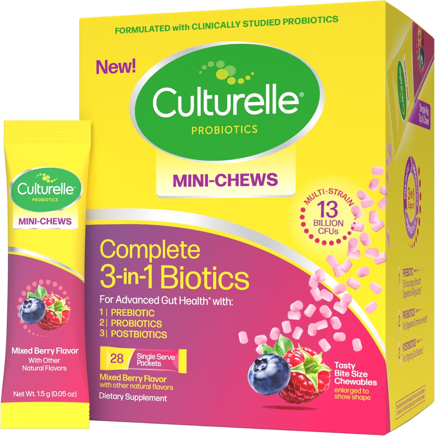 Culturelle(R) Complete 3-in-1 Biotics Mini-Chews Daily Probiotic for Digestive Health with Prebiotics and Postbiotics for Gut Balance, Mixed Berry Flavor, 28 Count - Image 1