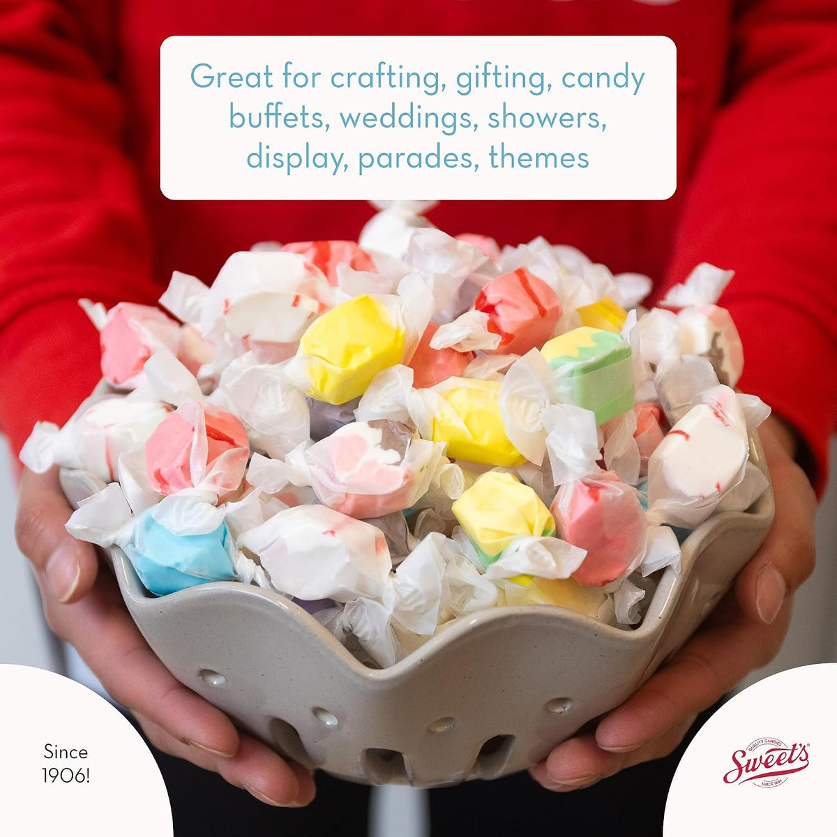 Individually wrapped gourmet salt water taffy pieces in a candy bowl