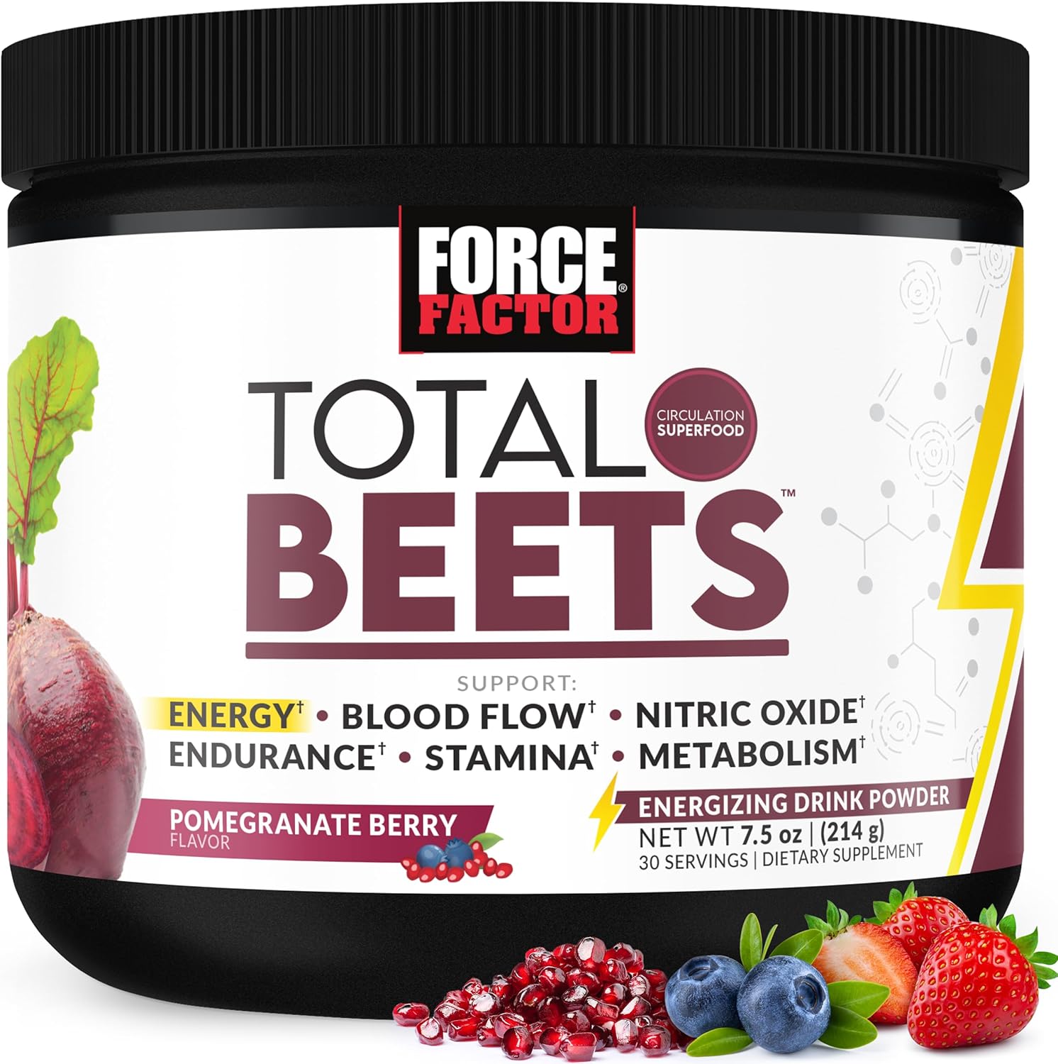Force Factor Total Beets Energy Drink Mix front view of 214 gram container for nitric oxide boost.