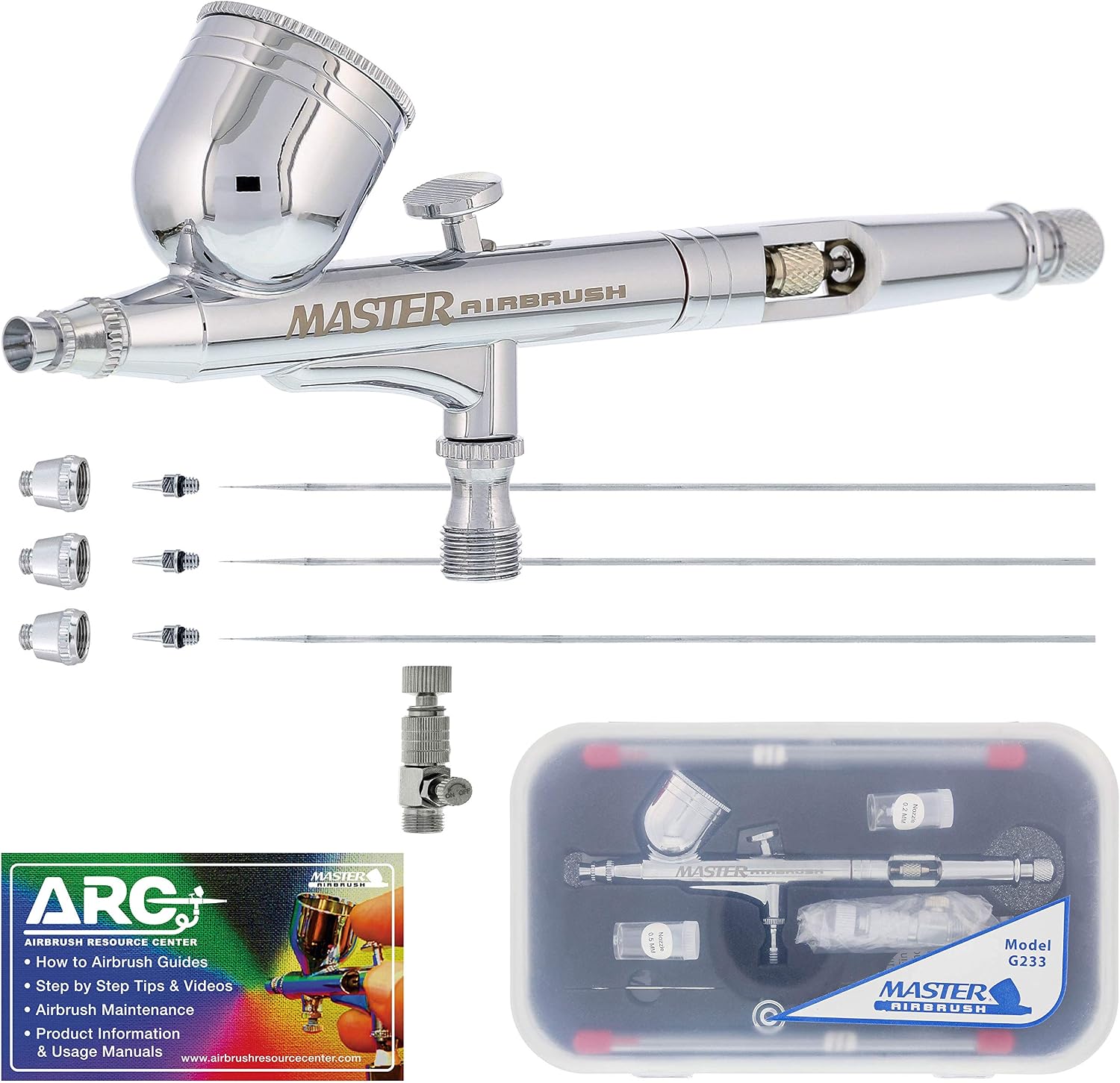 Master Airbrush G233 airbrush kit front view showing precision dual-action design