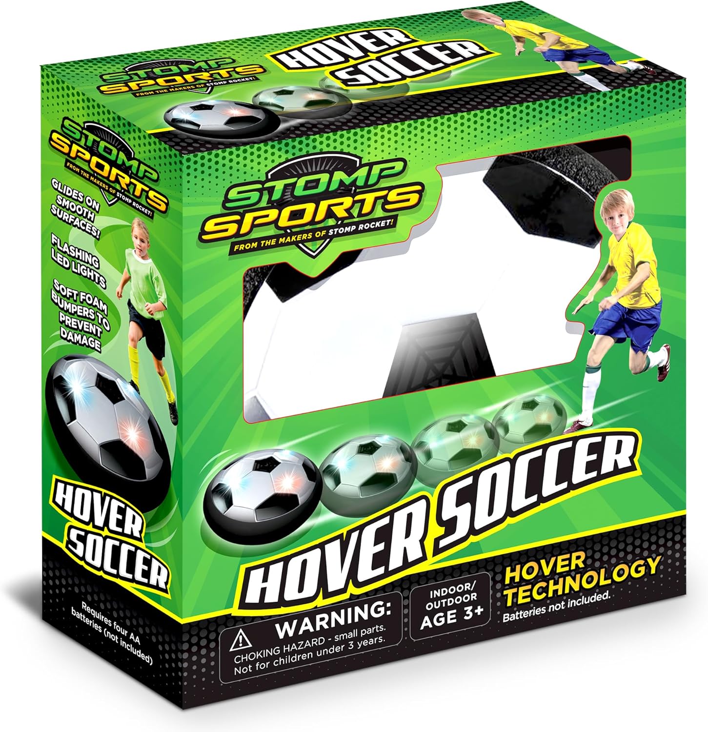 Stomp Rocket Hover Soccer Ball front view glowing with built-in LED lights on a smooth floor.