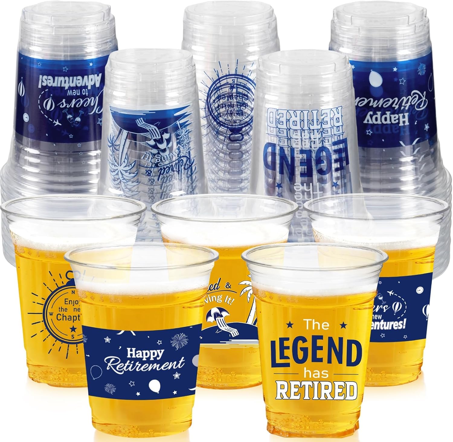 Cuploov retirement party drinking cups front view with blue and silver designs