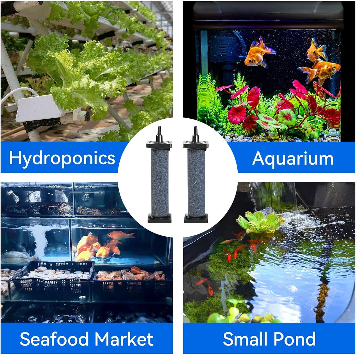 Aquaneat cylindrical oxygen diffuser connected to standard airline tubing for premium fish tank filtration.