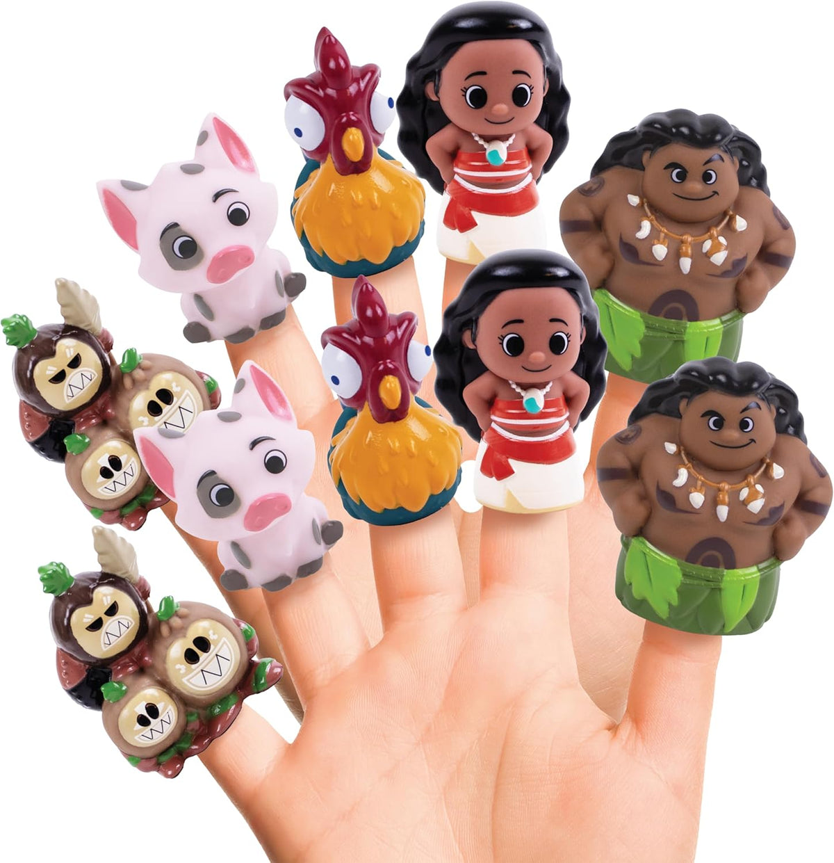 Disney Moana ten piece finger puppet set front view showcasing all character figures