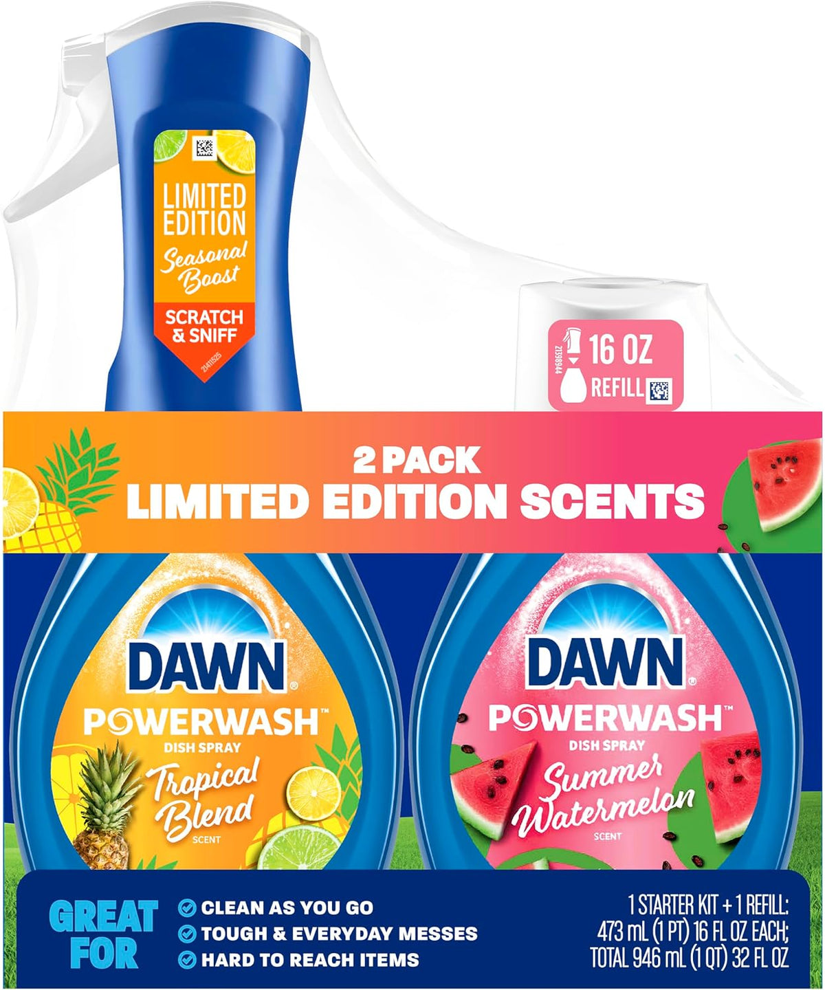 Dawn Dish Soap Spray Kitchen Household Essentials 1 Tropical Blend Starter Kit and Watermelon Refill Combo Pack, 16 oz (each) - Image 12