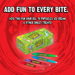 Resealable sour gel candy pens in assorted flavors showing the squeeze nozzle detail.