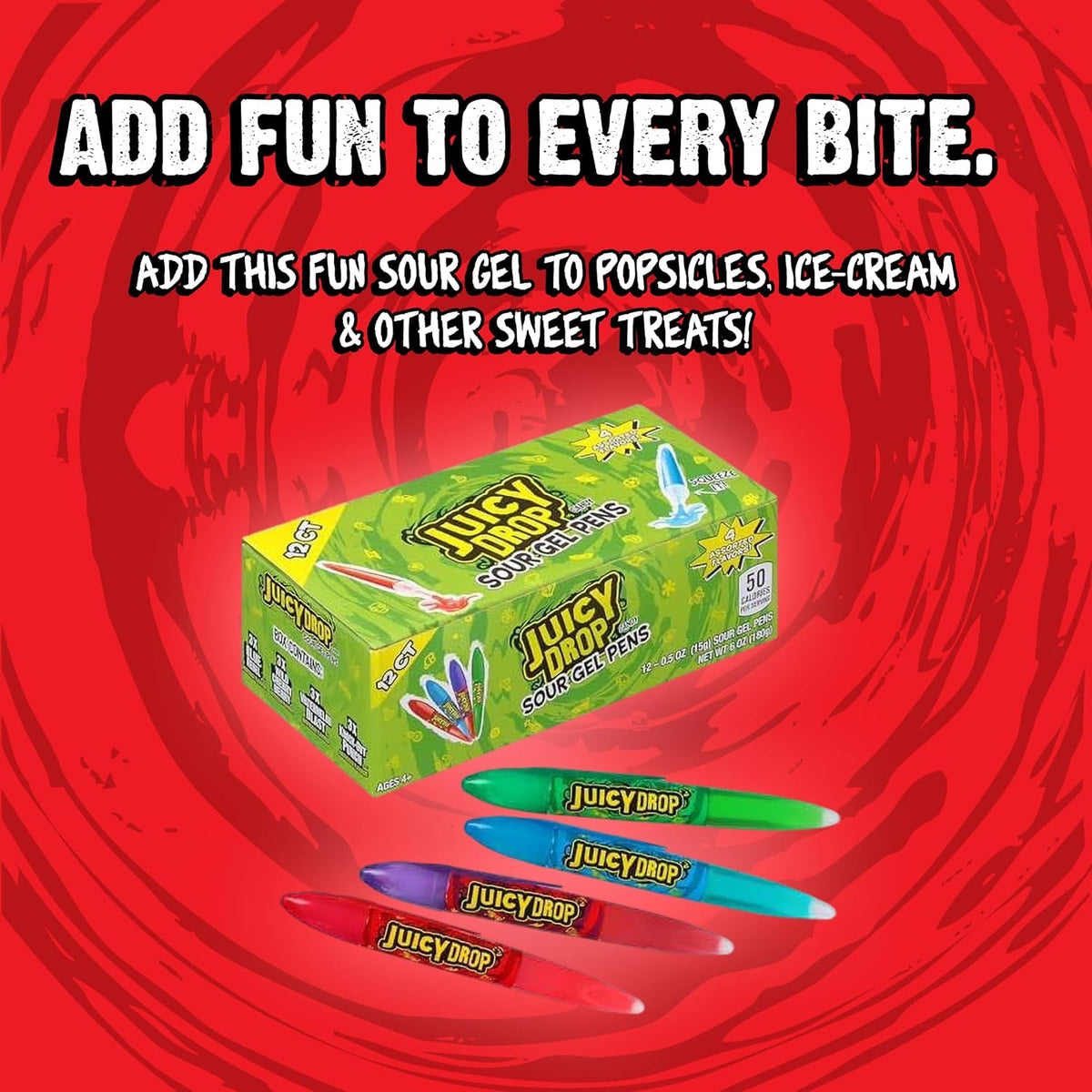 Resealable sour gel candy pens in assorted flavors showing the squeeze nozzle detail.