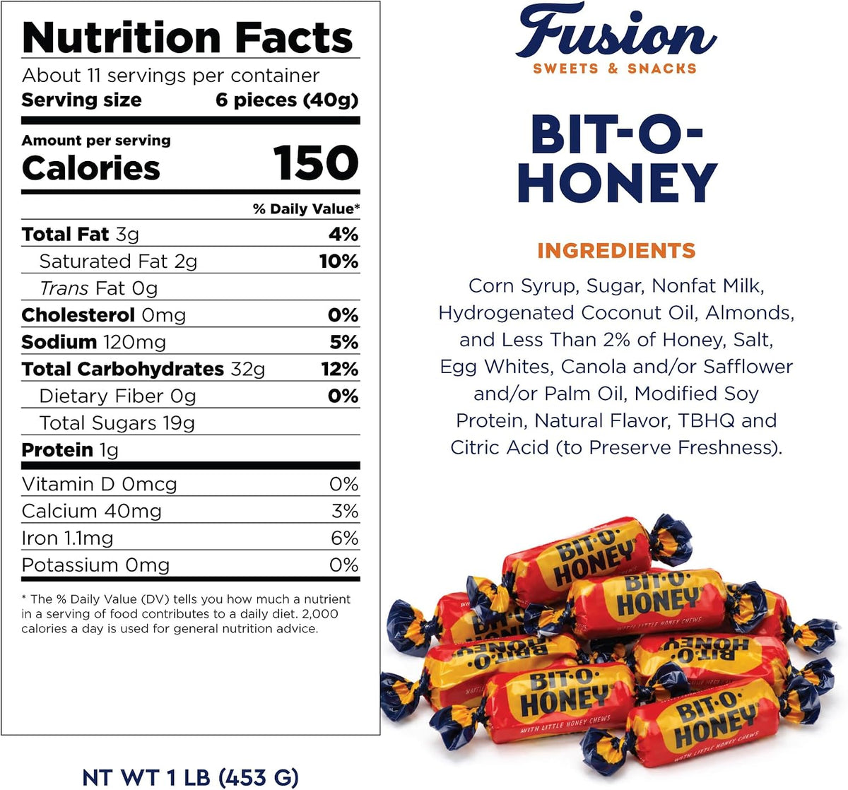 Individually wrapped honey and almond retro taffy candies bulk display