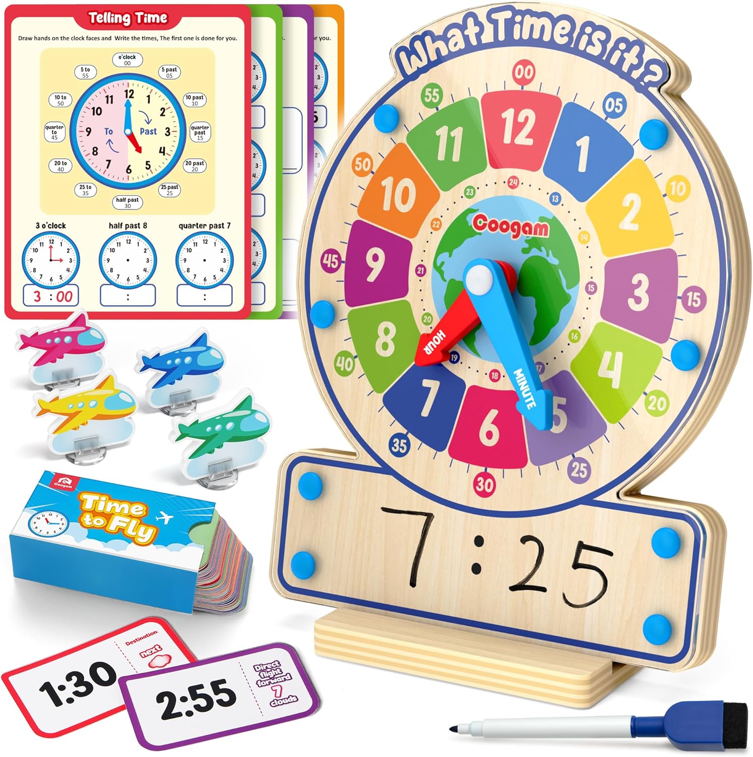 Coogam Wooden Clock Teaching Time Toy front view showing colorful analog face and digital dry erase section.