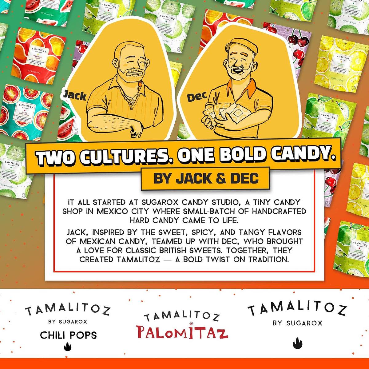 Assortment of Tamalitoz hard candy bags in a row