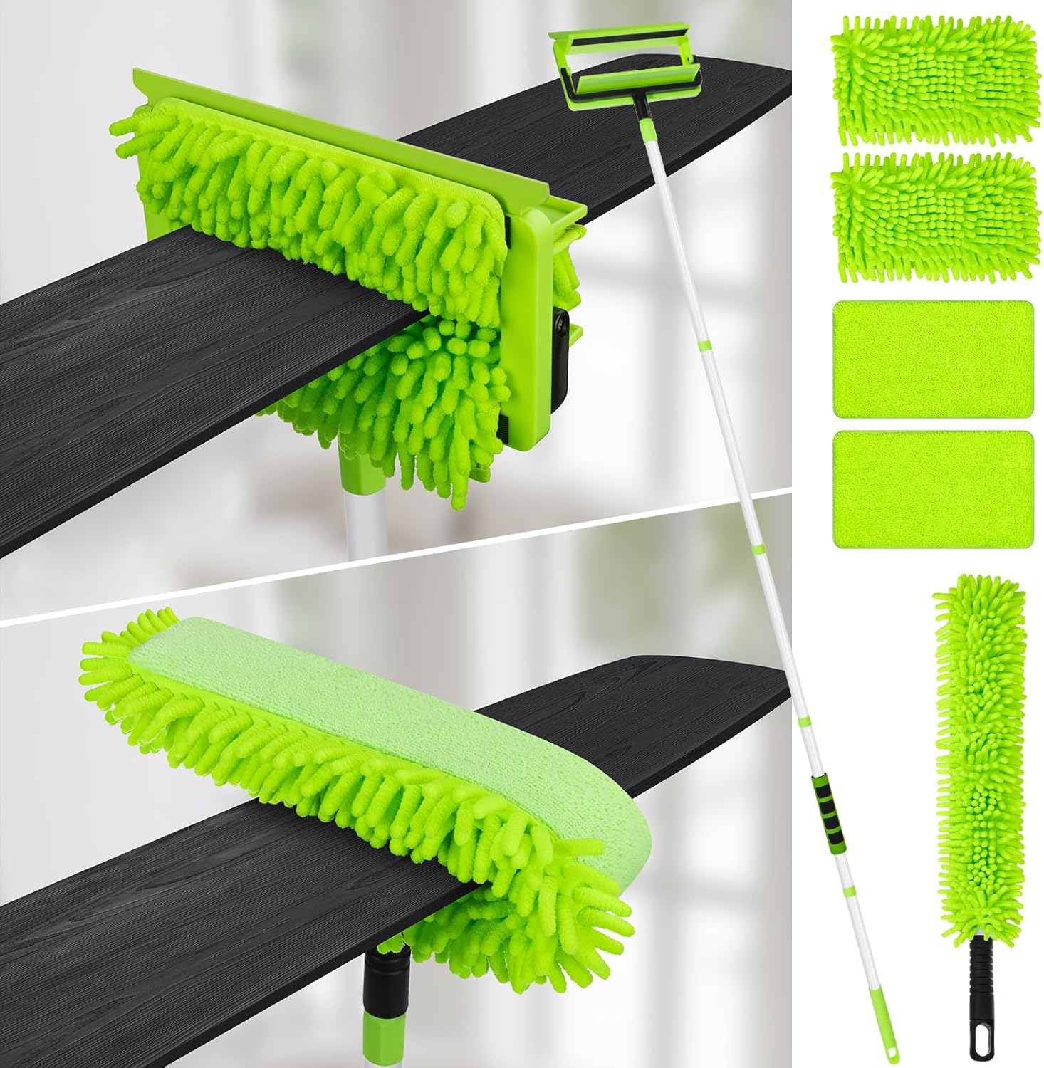 Qaestfy ceiling fan cleaner duster front view showing green microfiber head and extendable handle for home cleaning.