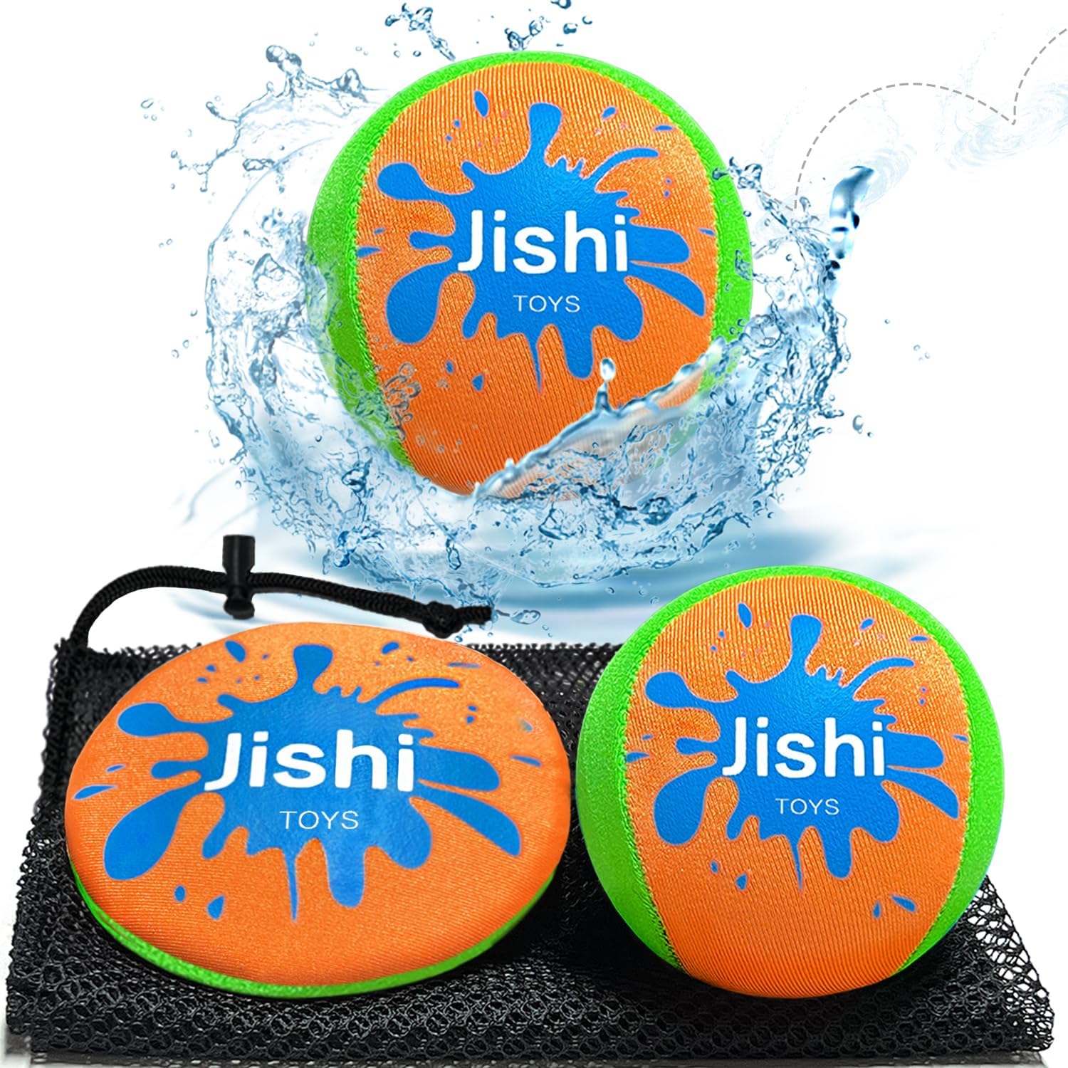 Jishi water skipping ball set front view showing two colorful bouncing balls and storage bag.