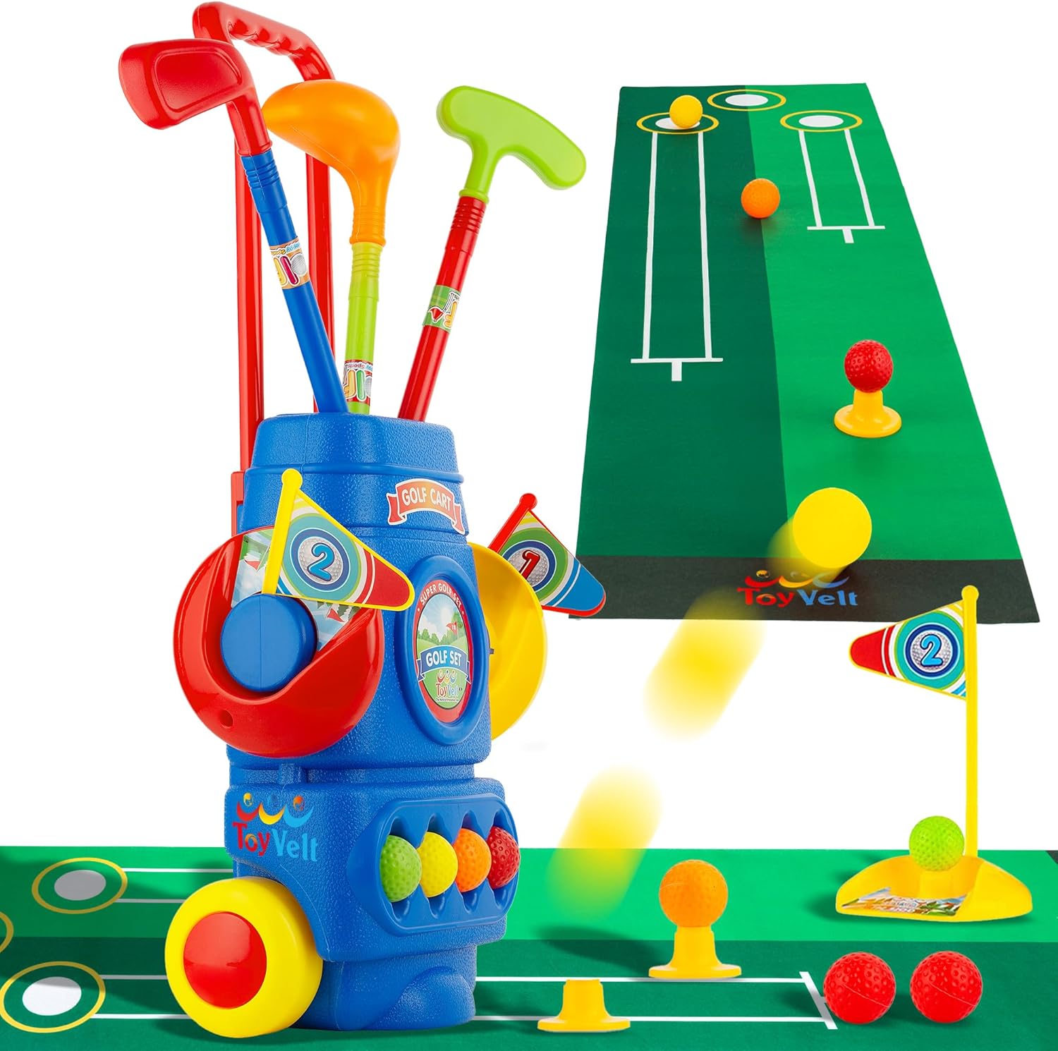 ToyVelt toddler golf set with blue cart and clubs front view