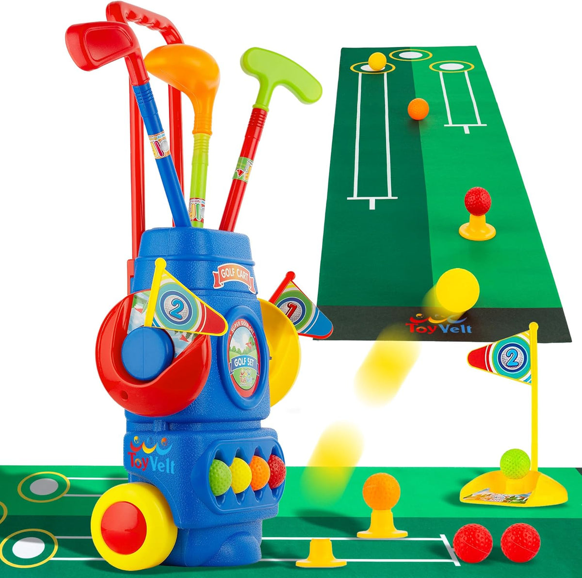 ToyVelt toddler golf set with blue cart and clubs front view