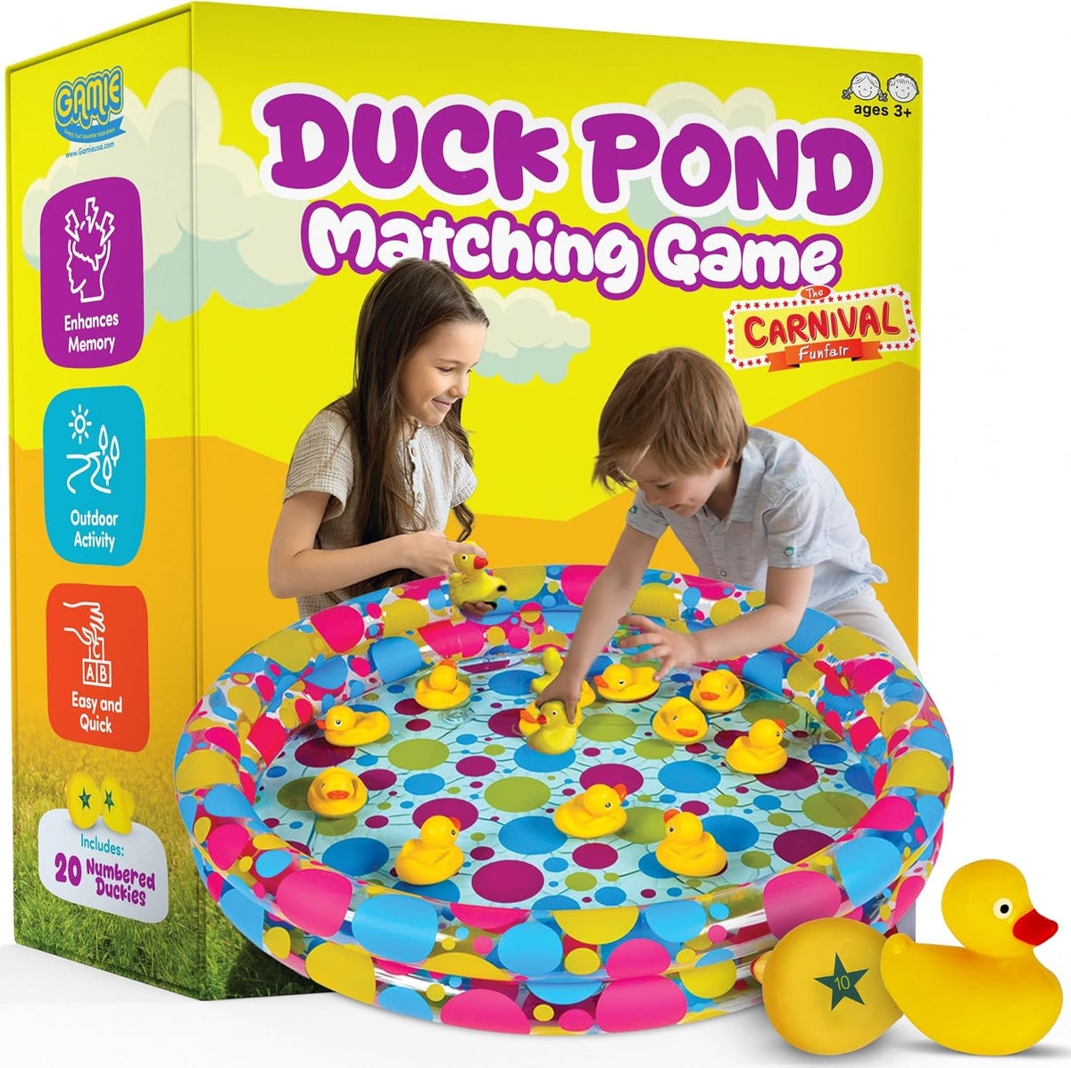 Gamie duck pond matching carnival game front view showing the inflatable pool filled with water and floating yellow ducks