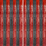 DECOCKRAT foil fringe backdrop front view showcasing the shiny red and black metallic tinsel curtain texture