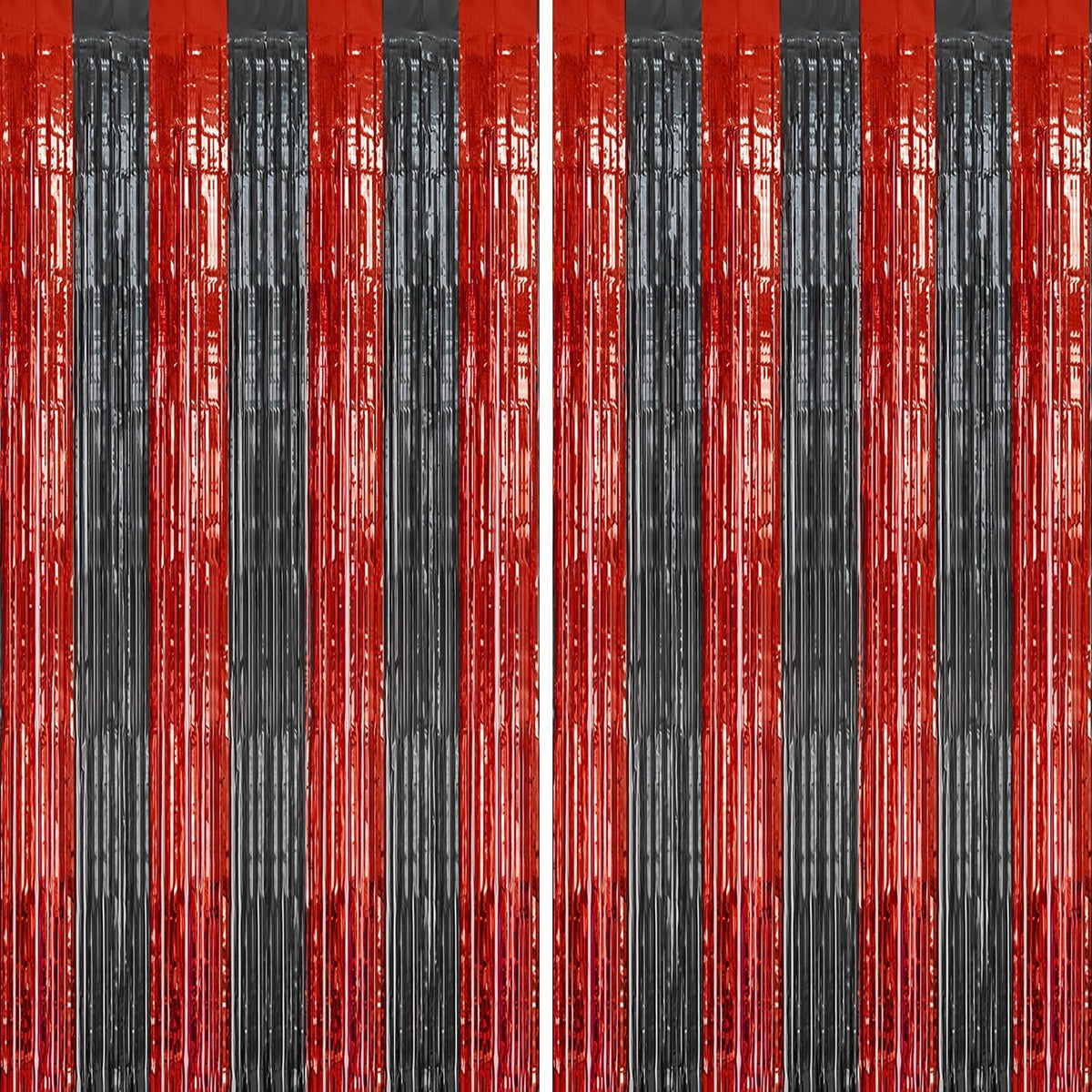 DECOCKRAT foil fringe backdrop front view showcasing the shiny red and black metallic tinsel curtain texture