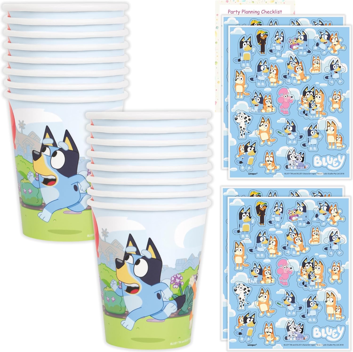 Unique Bluey paper party cups with sticker sheets front view