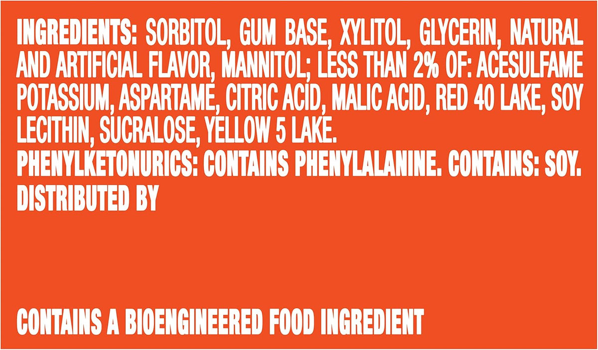 Side view of Trident sugarless chewing gum packaging displaying product information.