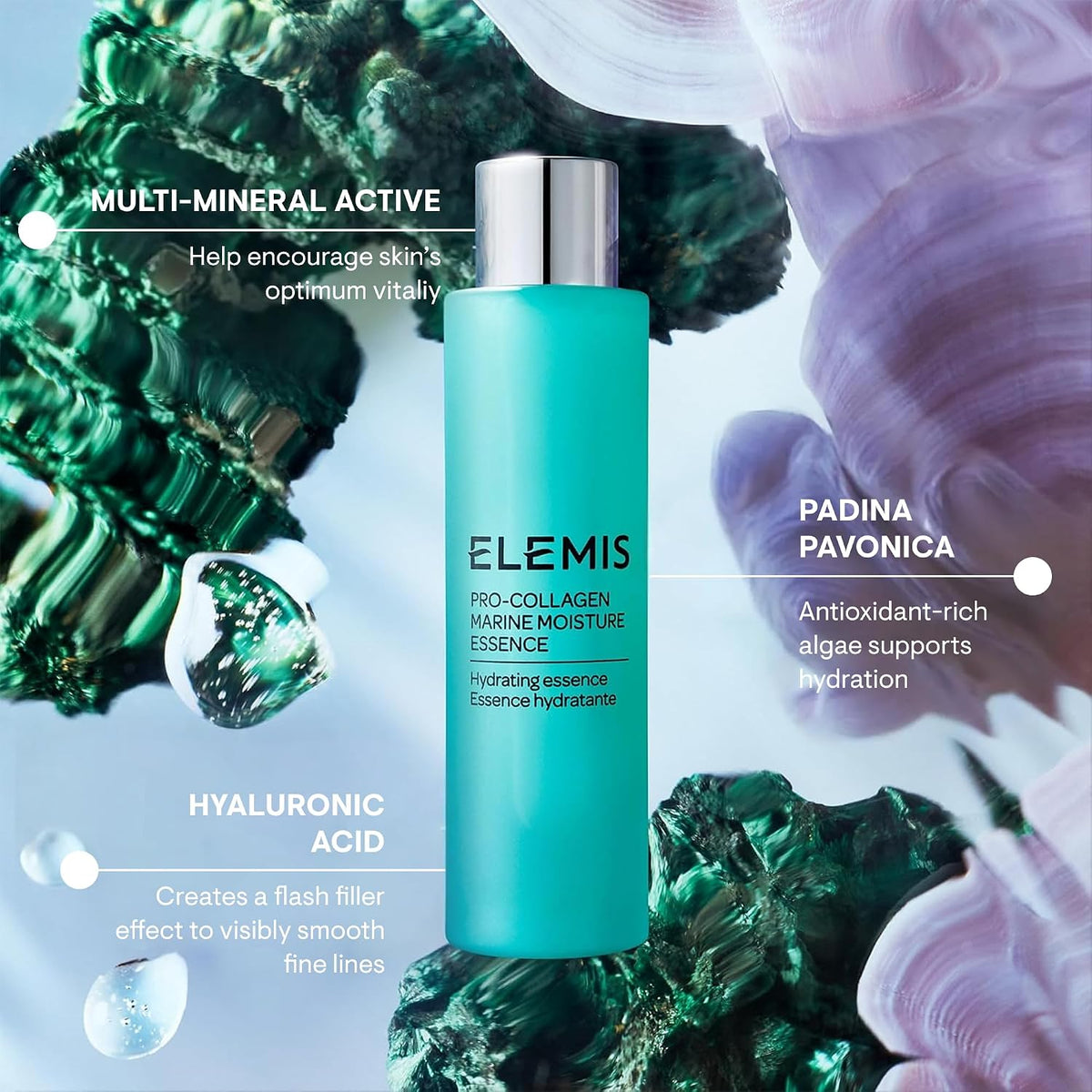 ELEMIS Pro-Collagen Marine Moisture Essence back label displaying detailed usage instructions and ingredients