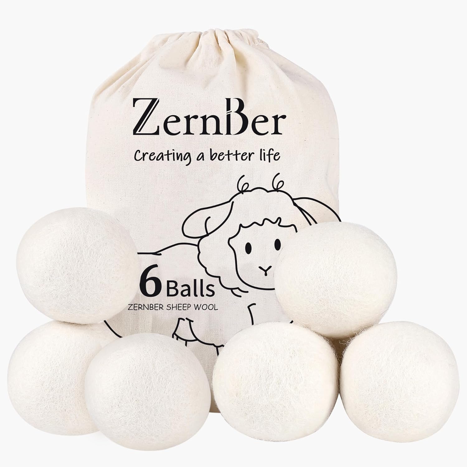 ZERNBER Wool Dryer Balls 6-Pack front view in packaging.