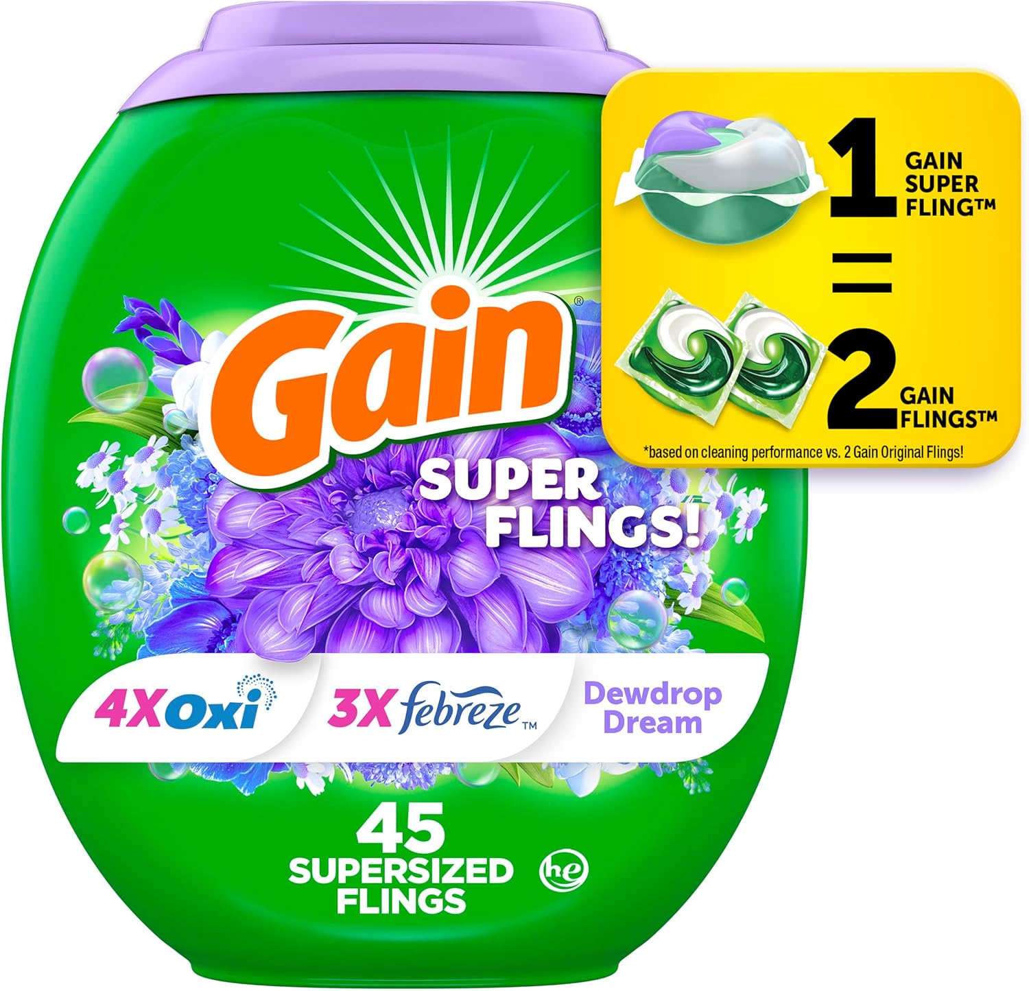 Gain Super Flings Laundry Detergent Pacs 45 Count container front view showcasing premium packaging.