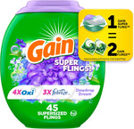 Gain Super Flings Laundry Detergent Pacs 45 Count container front view showcasing premium packaging.