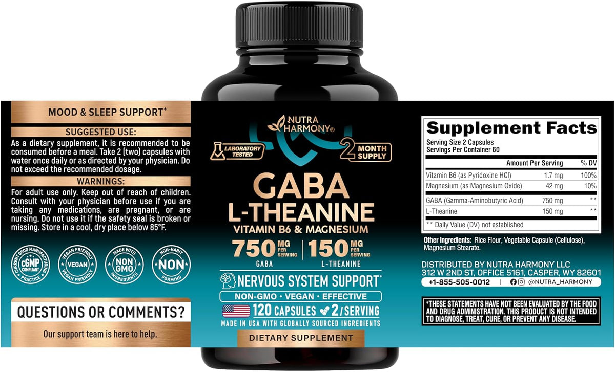 NutraHarmony GABA L-Theanine capsule dosage and serving size label