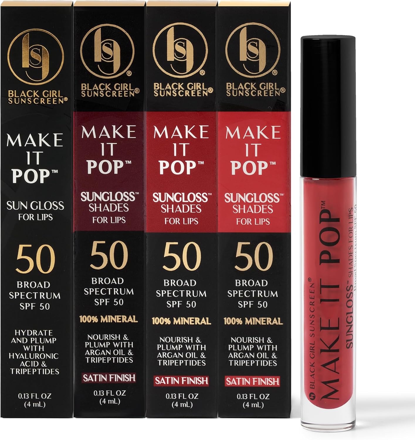 BLACK GIRL SUNSCREEN Make It Pop Sungloss & Sungloss Shades for Women - SPF 50 Tinted Sunscreen Lip Gloss, Sun Protection, Hydrating - 4 Pack (Clear Skyes, Cherry Noir, Red Wine, French Kiss) - Image 1