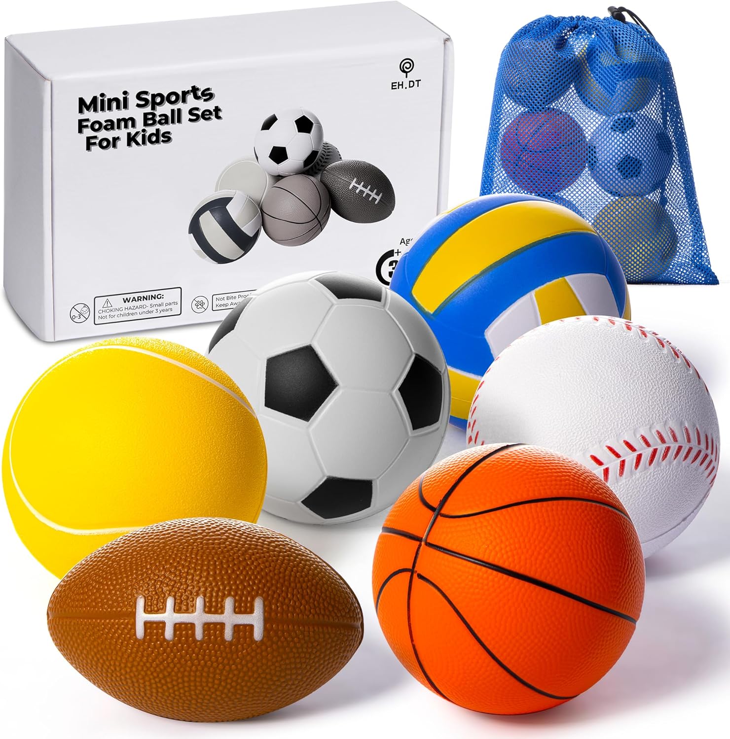 EH.DT mini sports foam balls set front view showing six colorful toddler toy balls