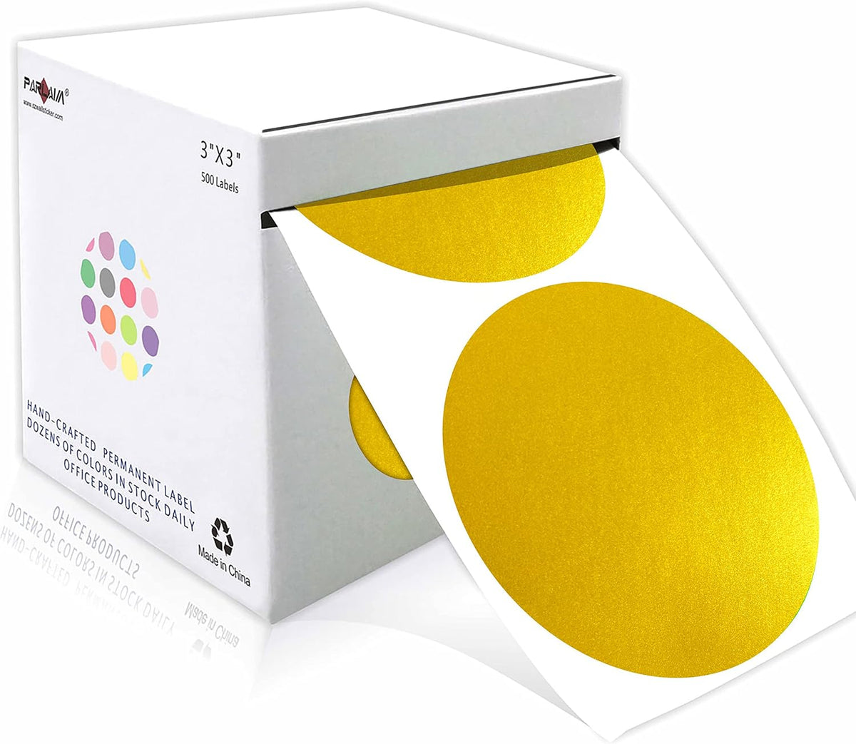 Parlaim 3-inch round gold color code dot stickers front view packaging
