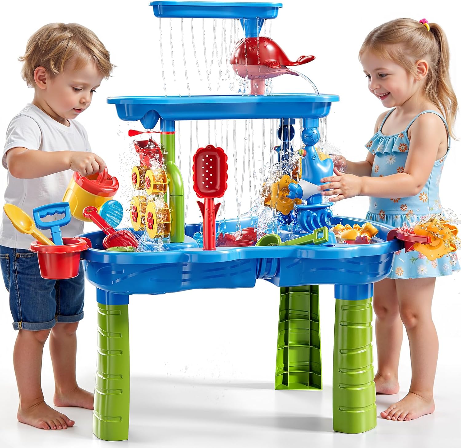 XINNOVEL 3-tier sand and water table front view showing kids sensory play layout